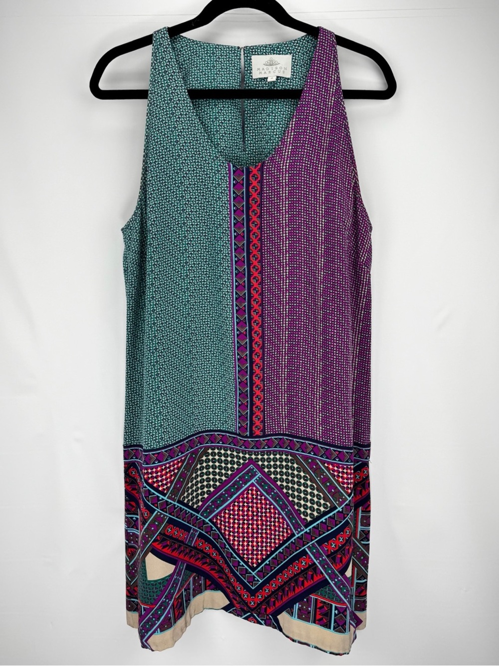 Teal & Purple Geometric Patchwork Patterned 100% Silk Midi Shift Dress